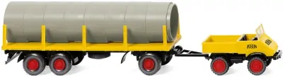 Wiking 039205 automezzo Unimog U411 con rimorchio a 3 assi con stanti e carico tubazione in scala 1:87 H0 Spedito Oggi